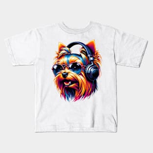 Silky Terrier Smiling DJ with Headphones and Sunglasses Kids T-Shirt